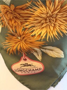 Longchamp Paris Green Floral Silk Scarf - Olive/Gold. 100% silk. Made in Italy.